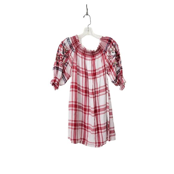Zara Woman Red Embroidered Off the Shoulder Plaid Mini Dress - Picture 3 of 6